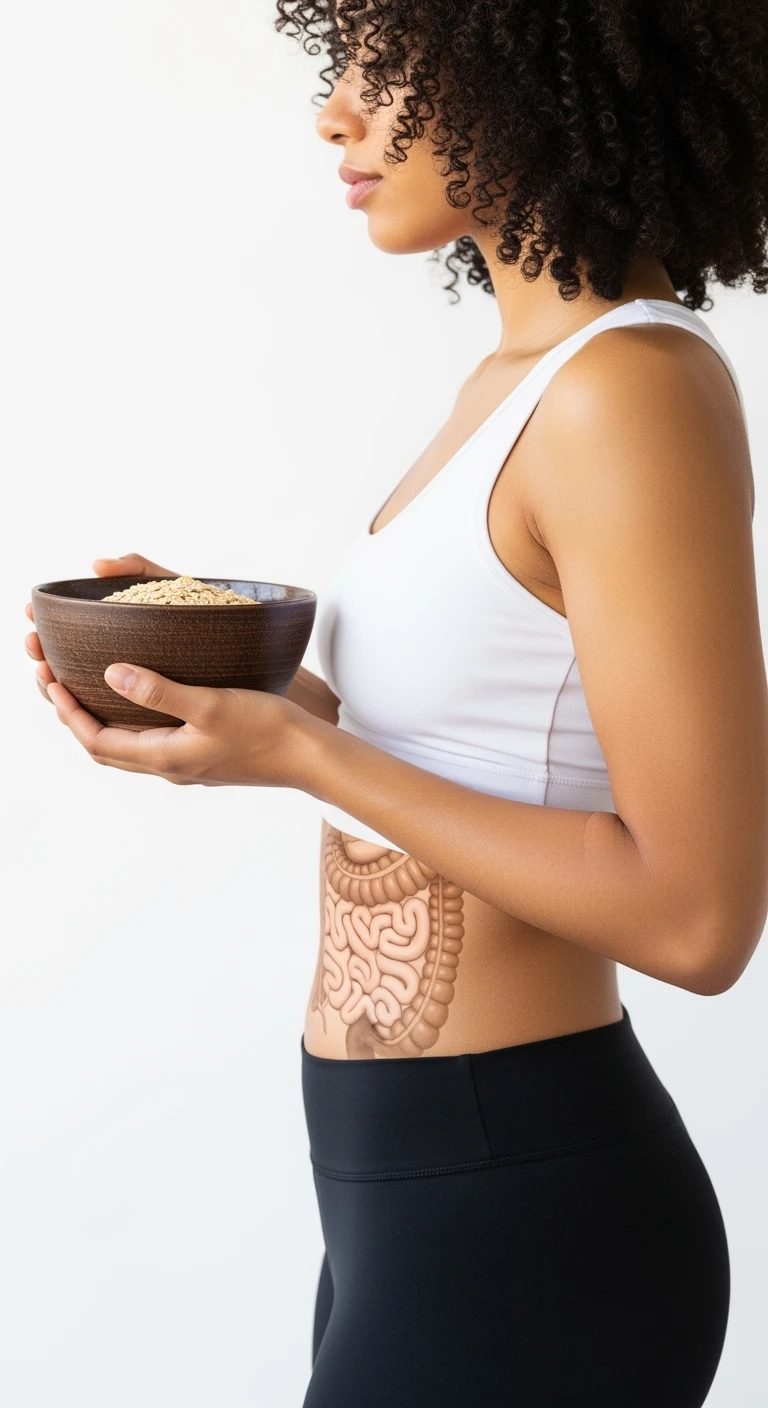 donna con bowl di avena in mano e intestino in evidenza, isolata su sfondo bianco emoji