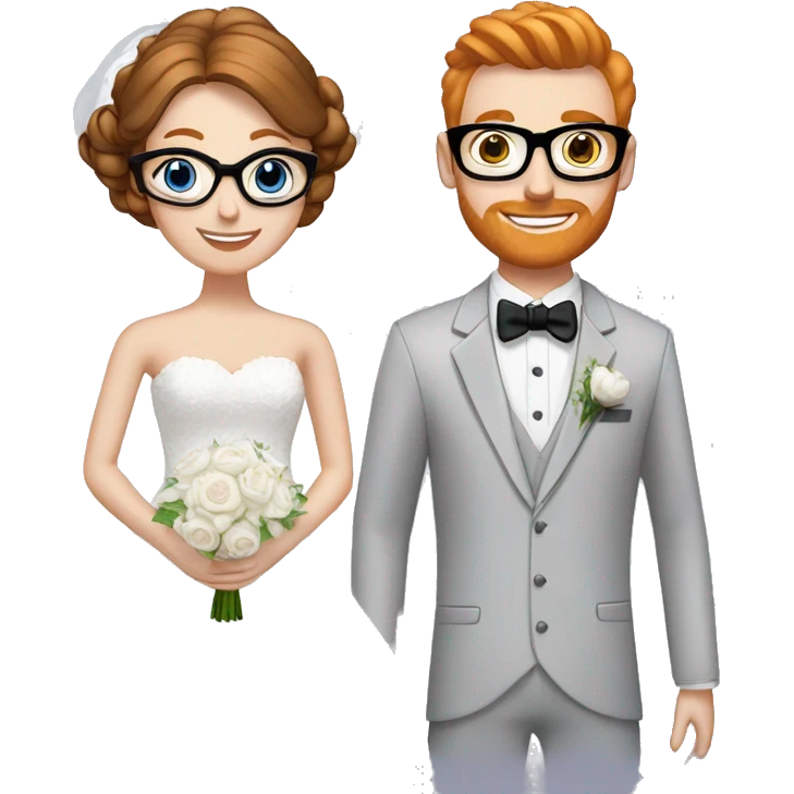 A bride and groom. Bride has brown hair in a bun, blue eyes, wears a lace dress. Groom has ginger hair, wears black glasses emoji