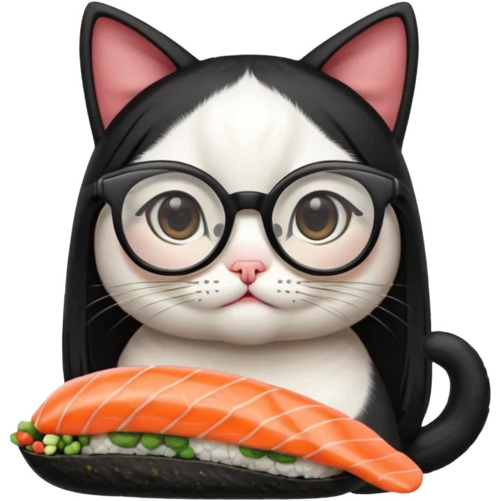 cute girl cat with long straight hair and really big square glasses with super thin frames eating sushi emoji