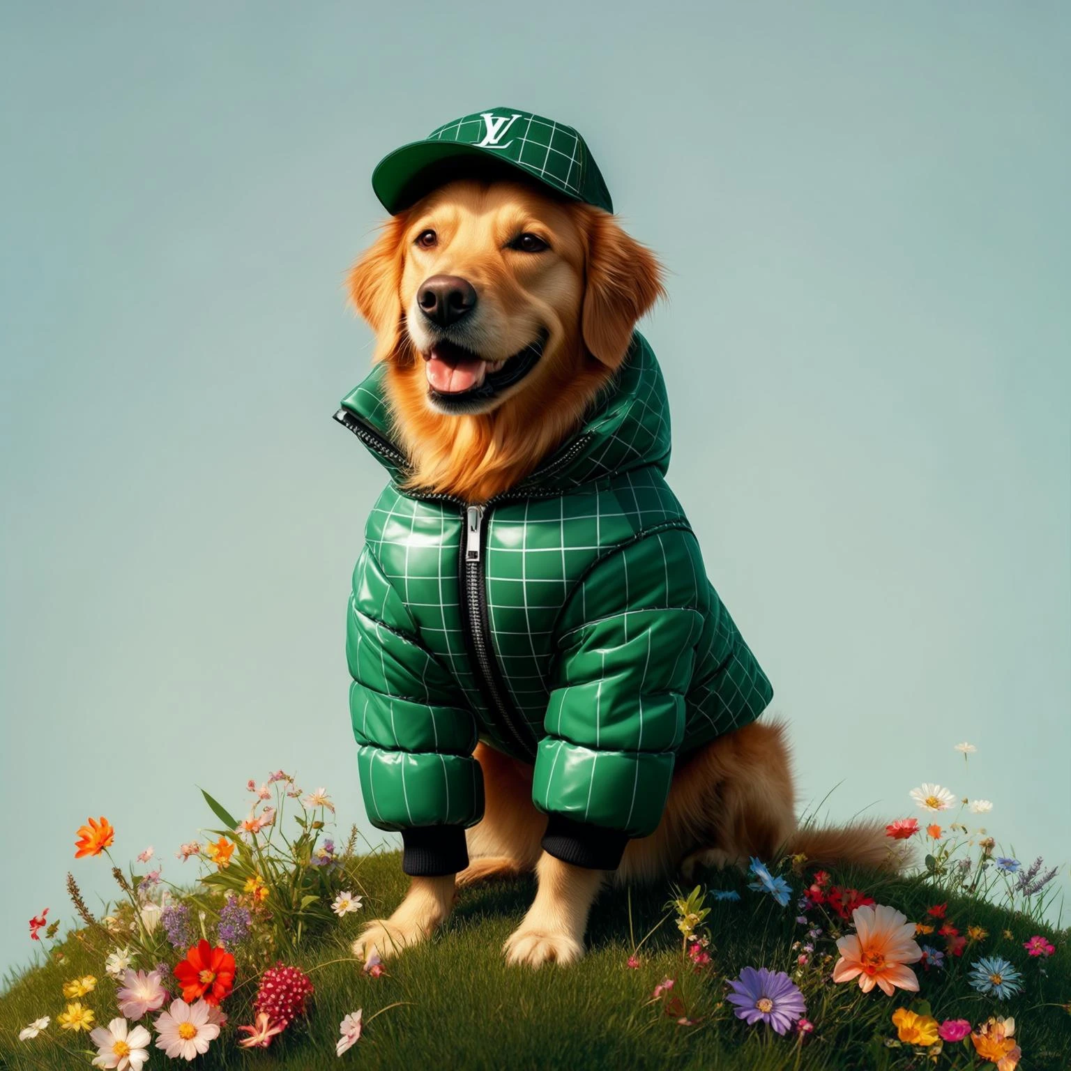 Profile Medium shot, Photo of a happy golden retriver sitting, dress in abstract (green) grid puffer Louis Vuitton jacket, express body, soft light, golden retriver sitting on grass hill with colorfull flowers, green cap, blue minimalistic sky in background, studio emoji