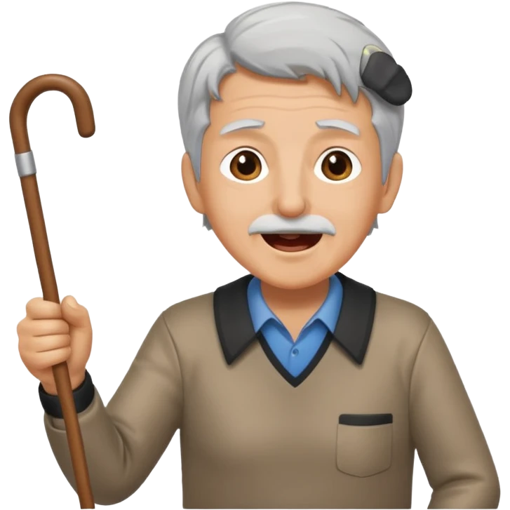 A grey-haired fan with cane in hand, cheering loudly with youthful spirit. emoji