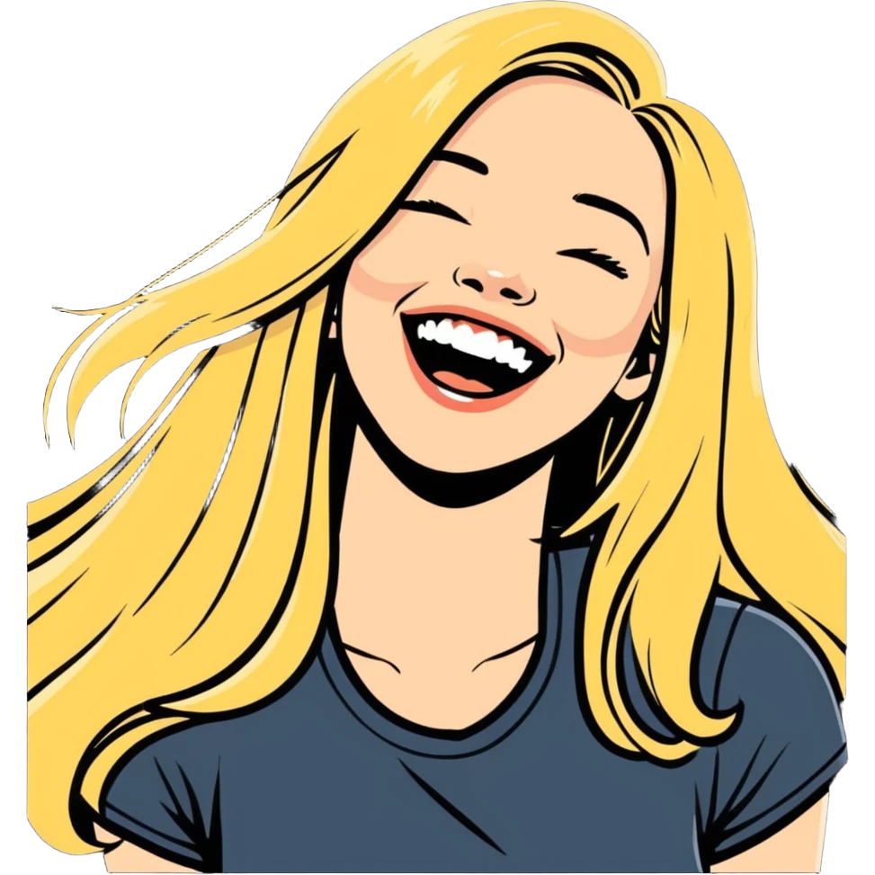 woman with long blonde hair, laughing, head thrown back, sticker style emoji