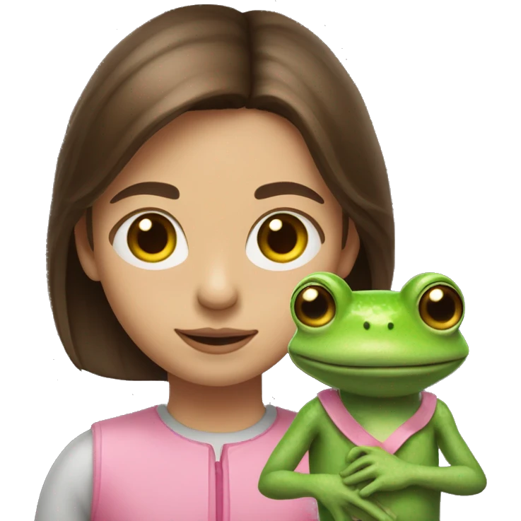 a girl who lives in brixton with medium length brown hair, with a pink streak through it, who is standing with a frog on her shoulder emoji