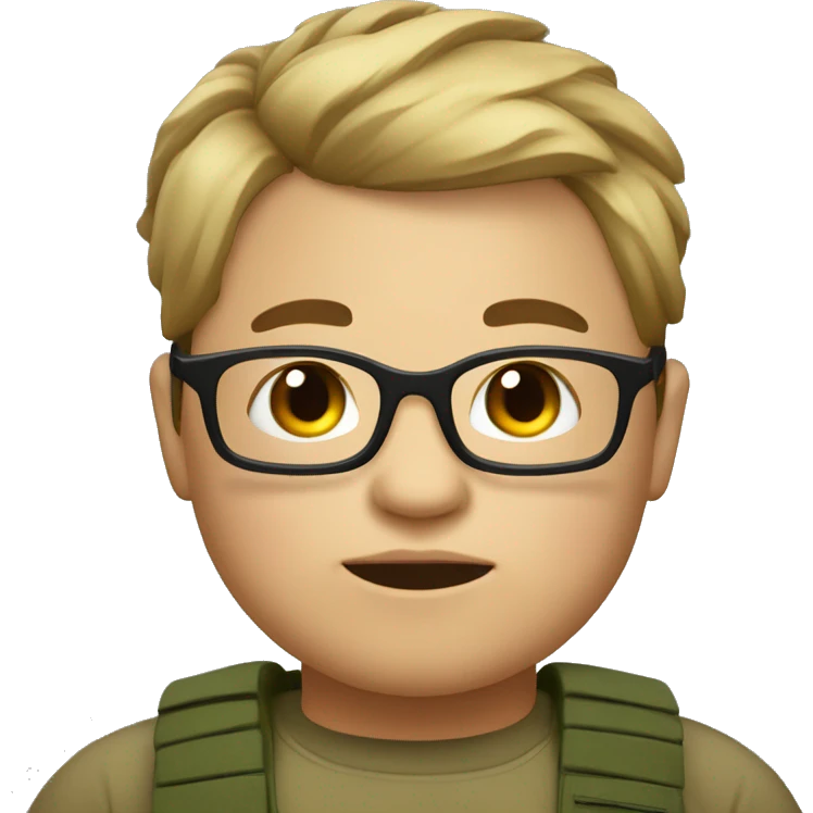 A litle chubby  boy with army style  hairs and transparent specs emoji
