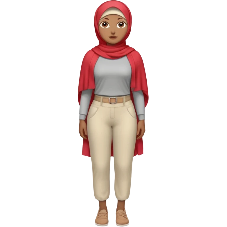 Heavy-set woman with medium-brown skin wearing a light red hijab, cream top, light red pants, tan shoes, and a visible gray below-knee prosthetic leg. Standing confidently with one hand on her hip emoji
