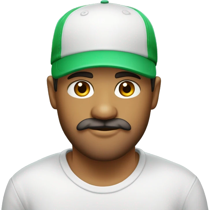 Créer un jeune homme métisse avec une barbe et une moustache avec une casquette verte et un t shirt blanc emoji