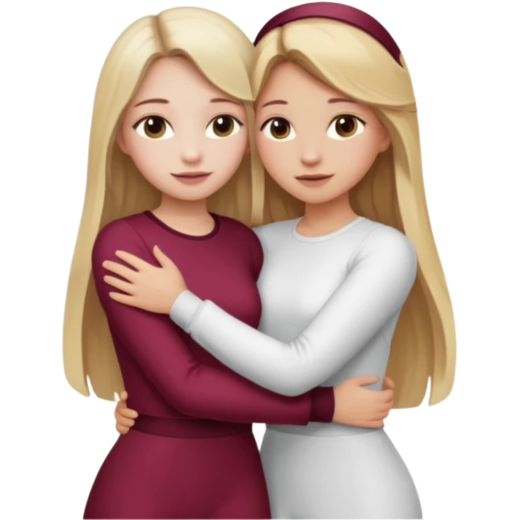 two girls who hug eachother. one has long dark blonde hair with blonde highlights and very pale skin , other has medium skintone and blush and medium blonde hair. girl with long dark blonde hair is wearing a white outfit and girl with blonde hair is wearing a burgundy outfit emoji