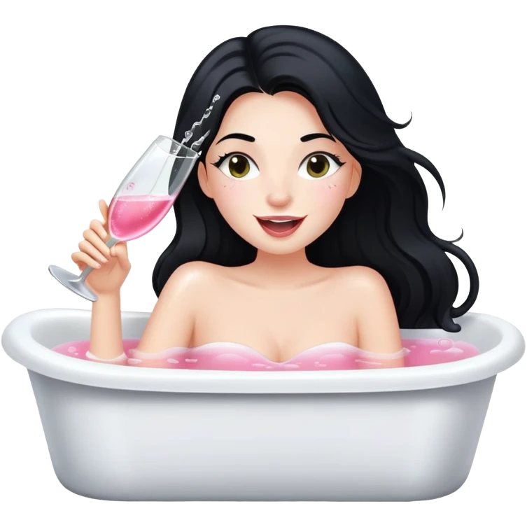 A bretty white girl with long black hair in Bathtub drinking pink champagne and shes winks emoji