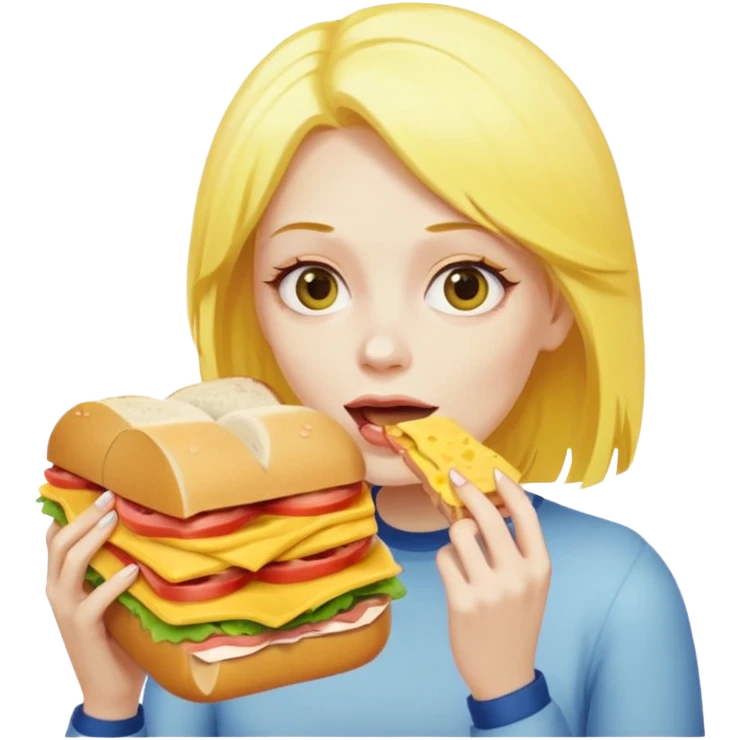 A woman with yellow hair and yellow skin eating a HUGE sandwich emoji