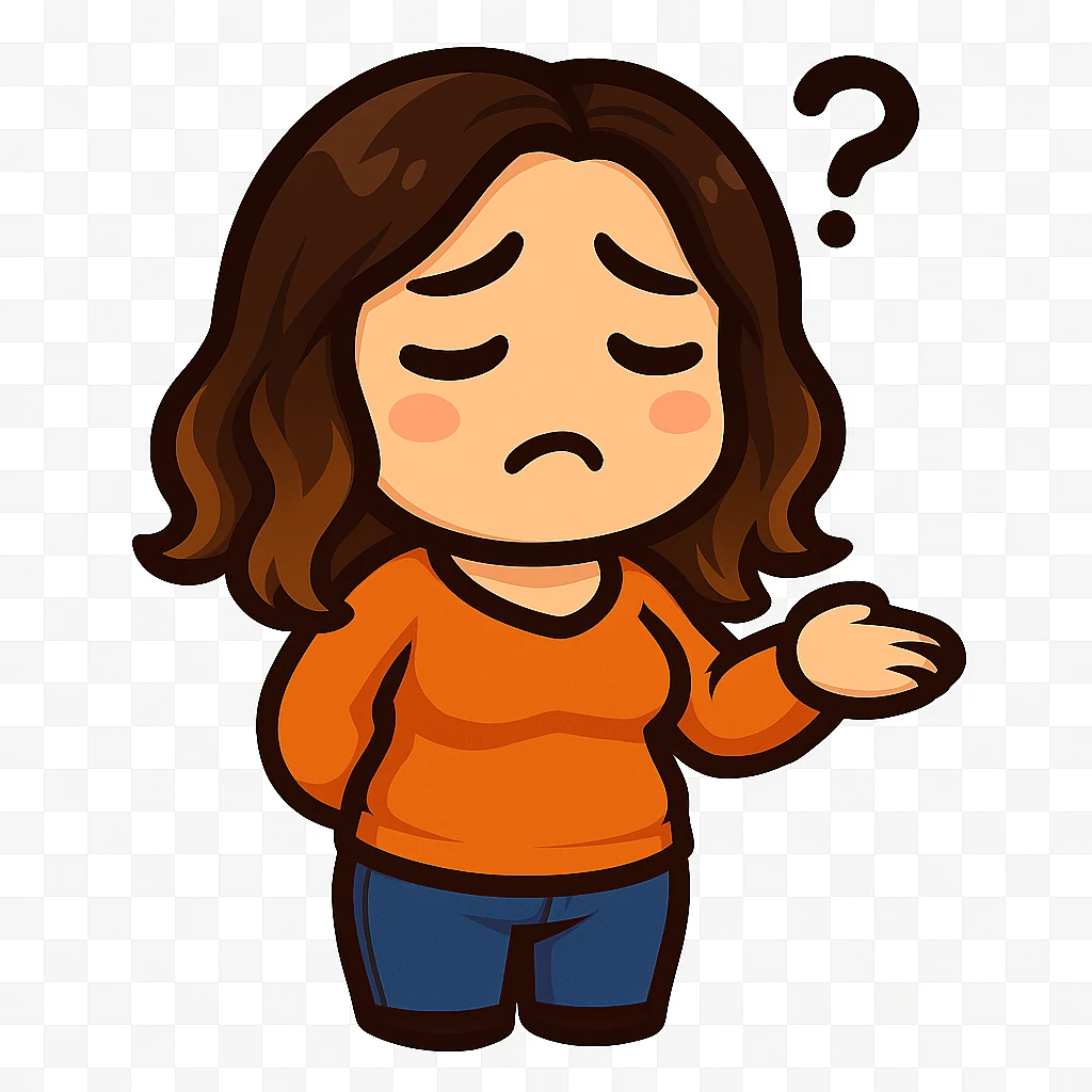Sticker style chibi emote, matching the attached green heart emote as a base, but with a slightly skinnier body and a bigger chest. Woman from reference, orange sweater and blue jeans, confused with a question mark, cute puzzled face, no headband, no wand, no green heart, transparent background. Top color should not match jeans. emoji