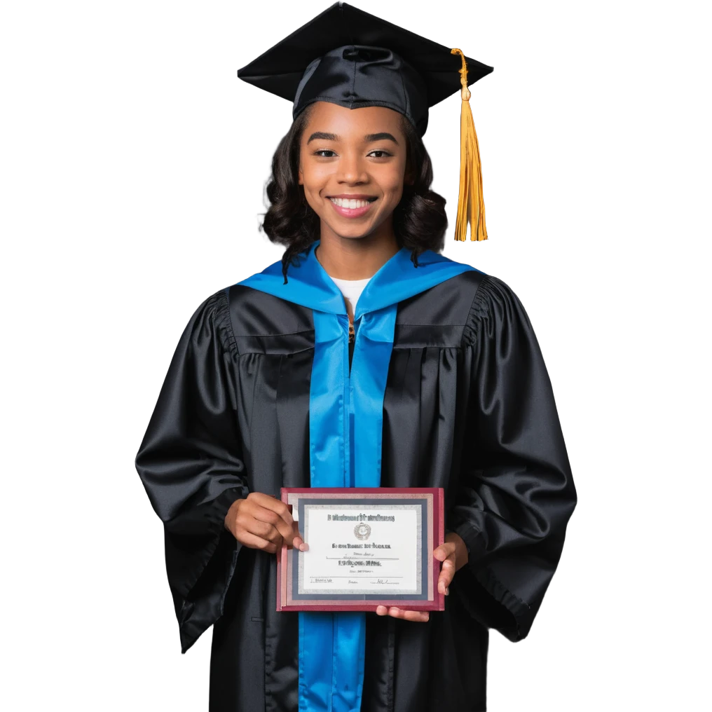 successful graduate student, cap and gown, holding diploma, smiling emoji