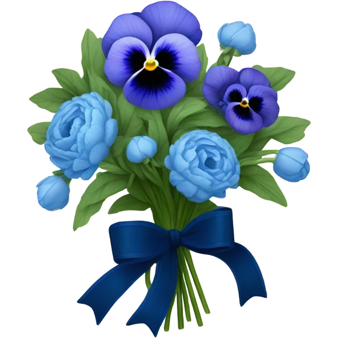 Bouquet composed of blue pansies, navy blue peonies tied with a blue ribbon and in the background navy blue butterflies and blue stars  emoji