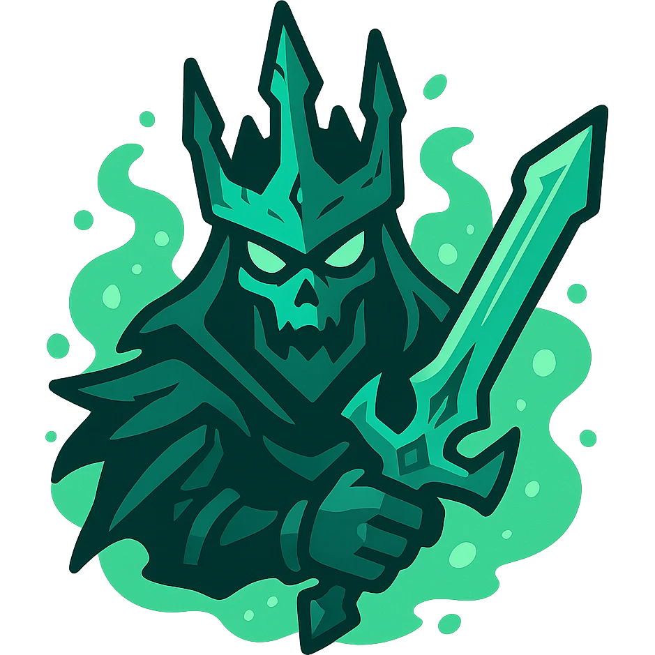 The Ruined King from League of Legends, stylized, focus on his jagged crown and spectral sword, glowing green mist, no text, emoji or icon style emoji