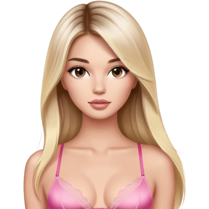 Victoria’s Secret model with long light blonde straight balayage hair, dark brown almond and small eyes, oval face, small lips, skinny long waist, firm legs, pink lingerie emoji