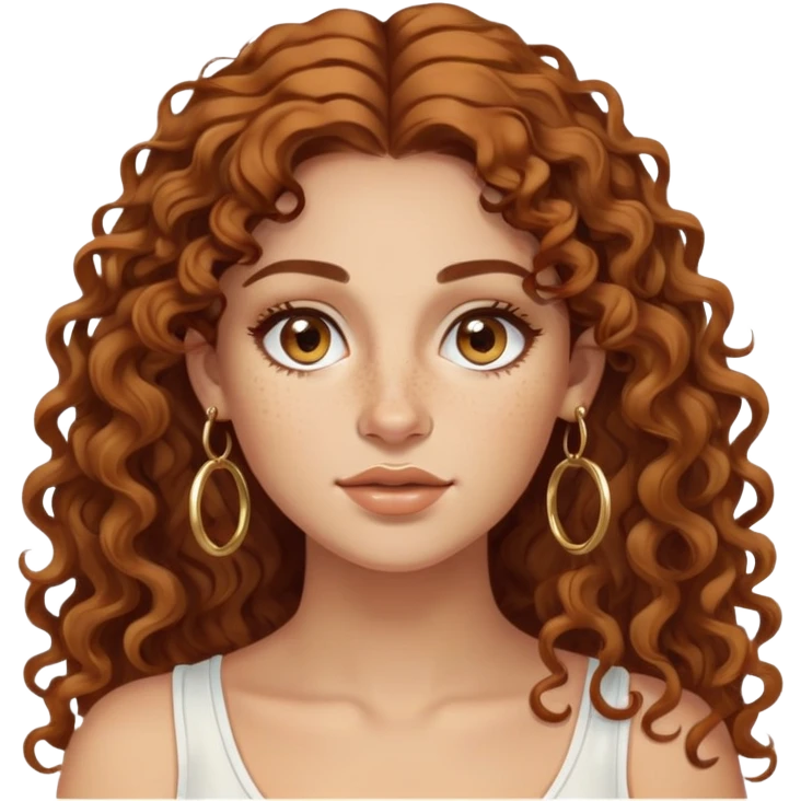 Attractive Greek woman with a wide face, freckles, long curly amber-brown hair and gold hoop earrings emoji