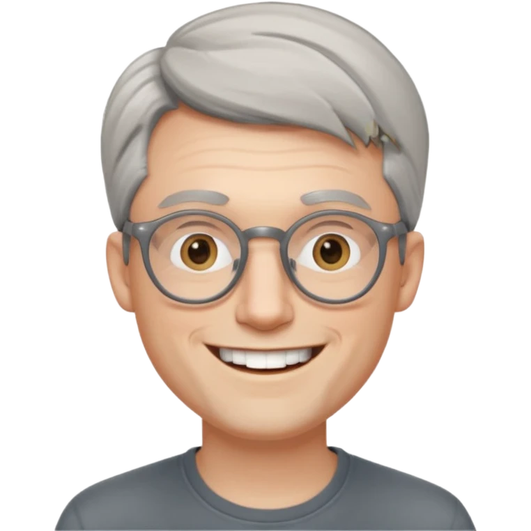 30 yr old pale white man, grey side swept hair, round glasses, big smile, white teeth, handsome, longer hair, thin glasses, no wrinkles emoji