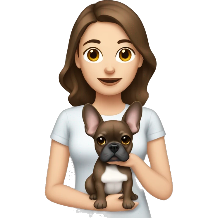 Brown haired women with brown eyed holding grey french bulldog emoji