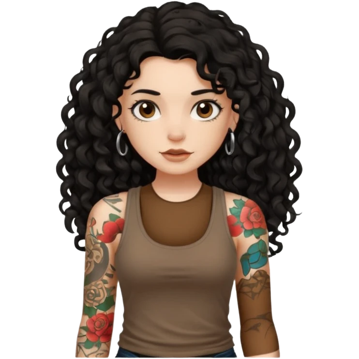 a pretty bratz fair girl with black long curly hair in a brown tank top with tattoos emoji