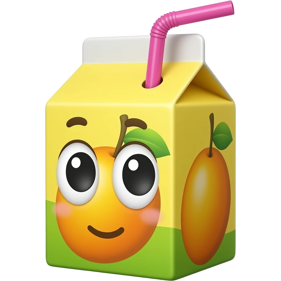 Juice box with only wide eyes looking to the side with a hot pink straw, no mouth or eyebrows emoji