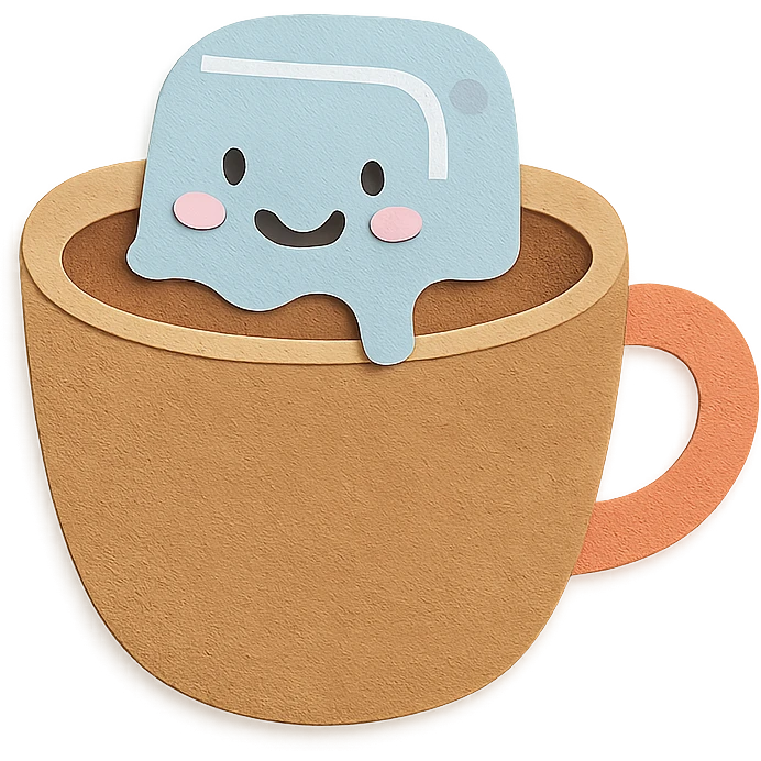 melting ice cube character in coffee drink, smiling face, kawaii pastel hand-drawn style emoji