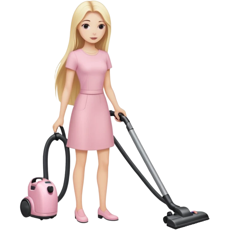 A white girl with long blonde straight hair in pale pink-colored clothes vacuums emoji