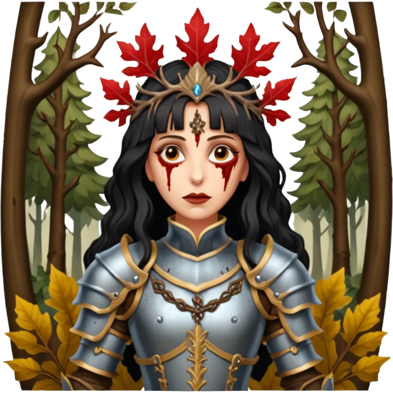 realistic cinematic actress Cher in baroque styling like Joan of Orleans dirty bloody damaged armor in a forest emoji
