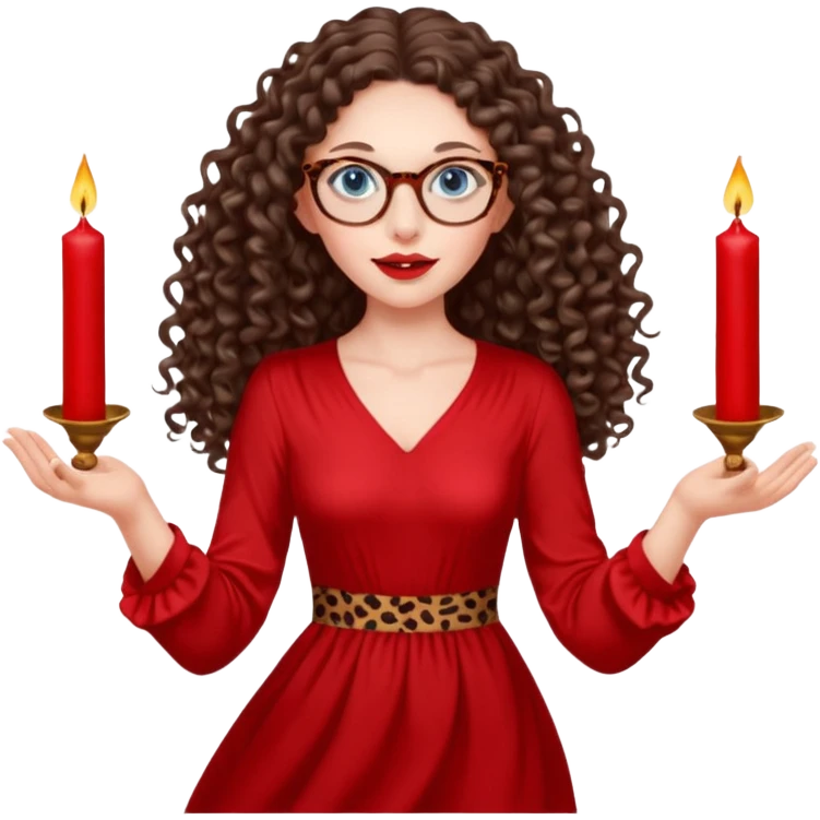 a blue eyed woman with very long brunette curly hair, full lips,and really pale skin. She is wearing a leopard printed thin round-ish glasses . She is wearing fully plain silky red dress. She is flying on the air. There are red candles in her hands. She is making a magic. emoji