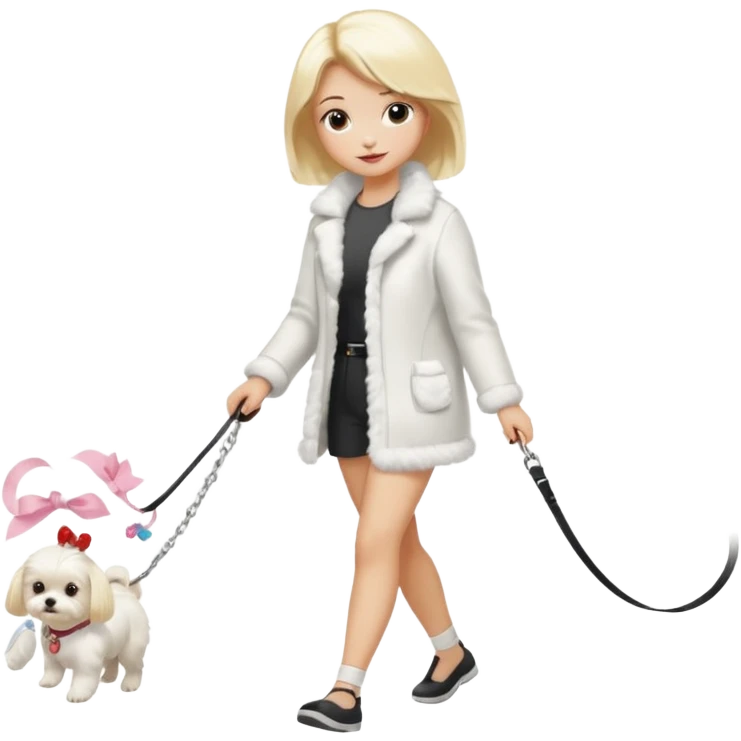 blonde woman, walking a small maltese dog. emoji