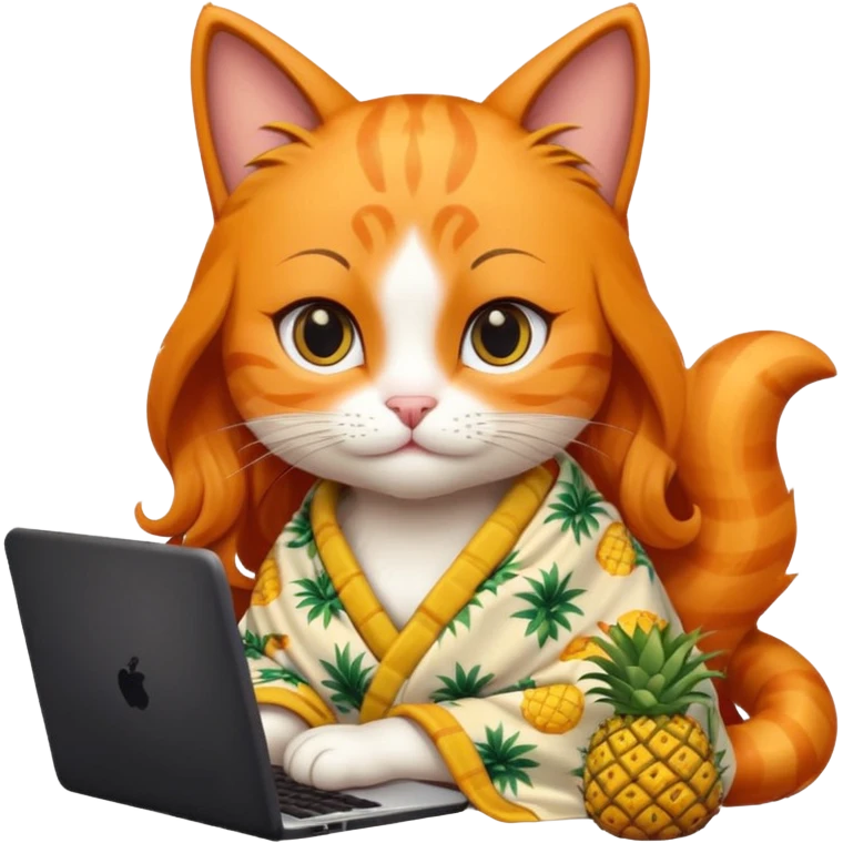 An orange female cat with a computer, with long eyelashes and black wavy hair,
She wears a blanket with pineapple patterns on her body emoji