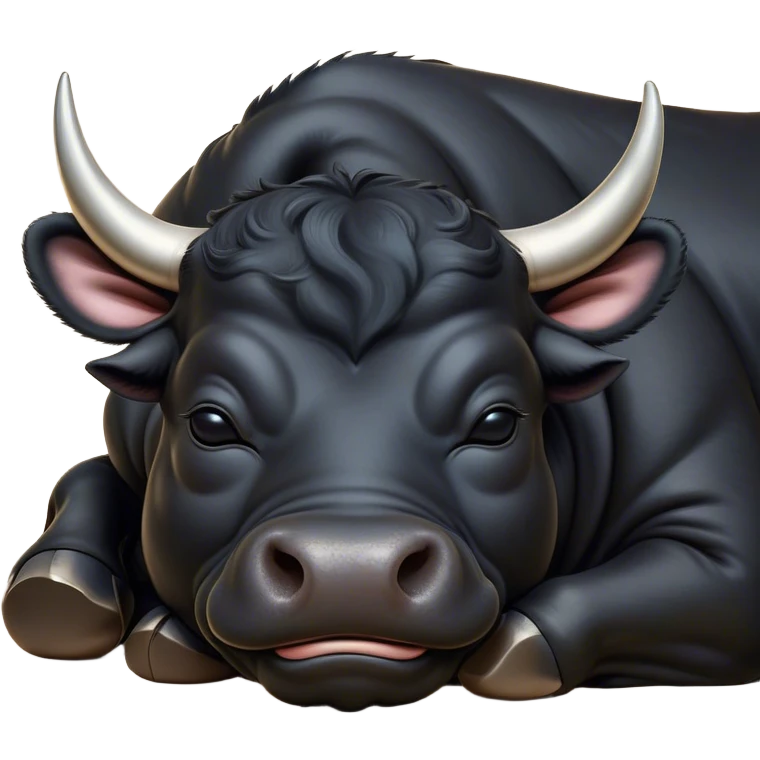 Meme-Worthy Cute Sleeping Black Bull Portrait Emoji, Head resting peacefully with a contented smile, showcasing a robust, massive build and a luxuriously soft pure black hide, eyes shut in a serene, restful nap, Simplified yet hilariously adorable features, highly detailed, glowing with a soft, drowsy light, high shine, relaxed and utterly lovable, stylized with an air of playful laziness, bright and heartwarming, soft glowing outline, capturing the essence of a comically sleepy guardian, so meme-worthy it feels like it could instantly become the next viral sensation of adorable slumber! emoji