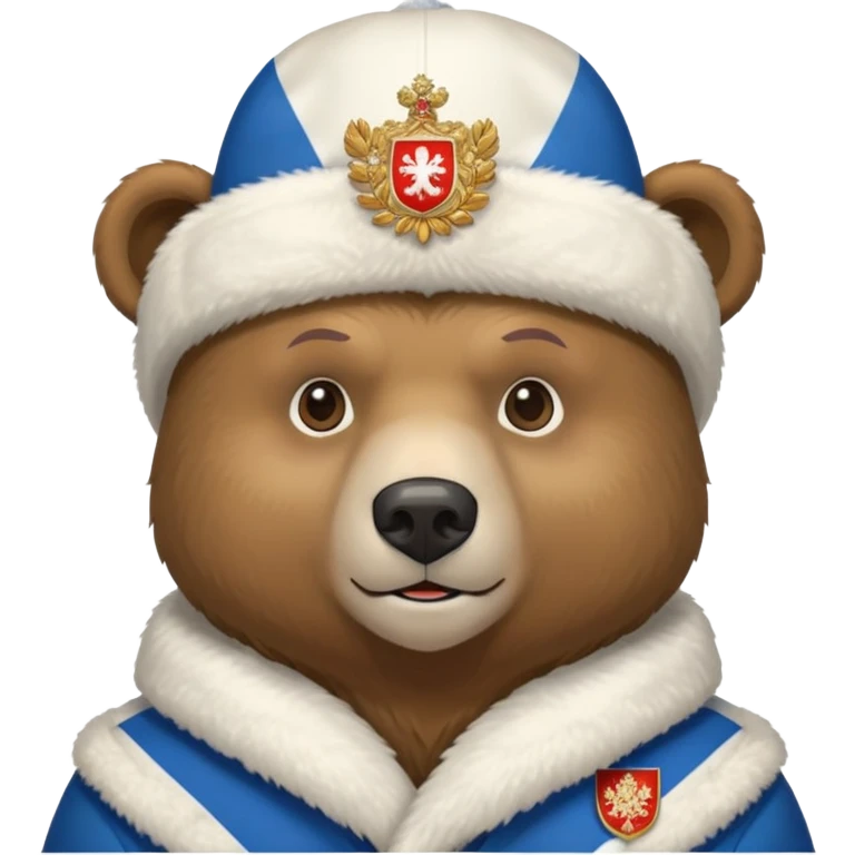 Just the head of a bear wearing white ushanka hat with detailed Russian coat of arms emblem centered on hat, iOS emoji style emoji