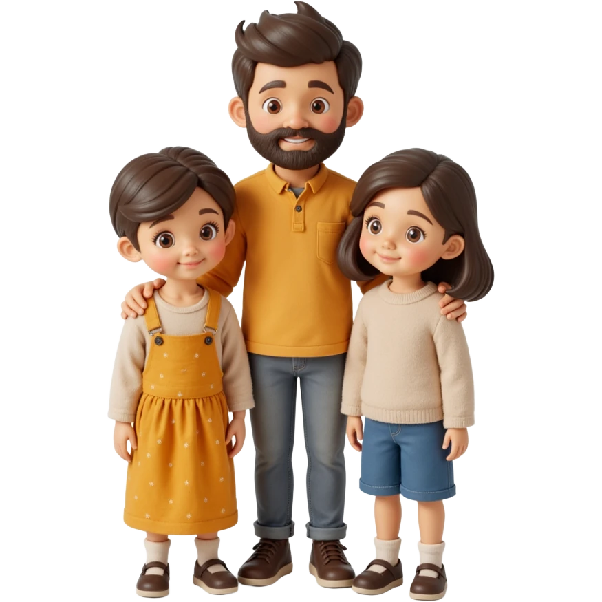 closeup front angle shot of a family of three with parent and two kids, lifelike skin hair and clothing details, skeuomorphism style emoji