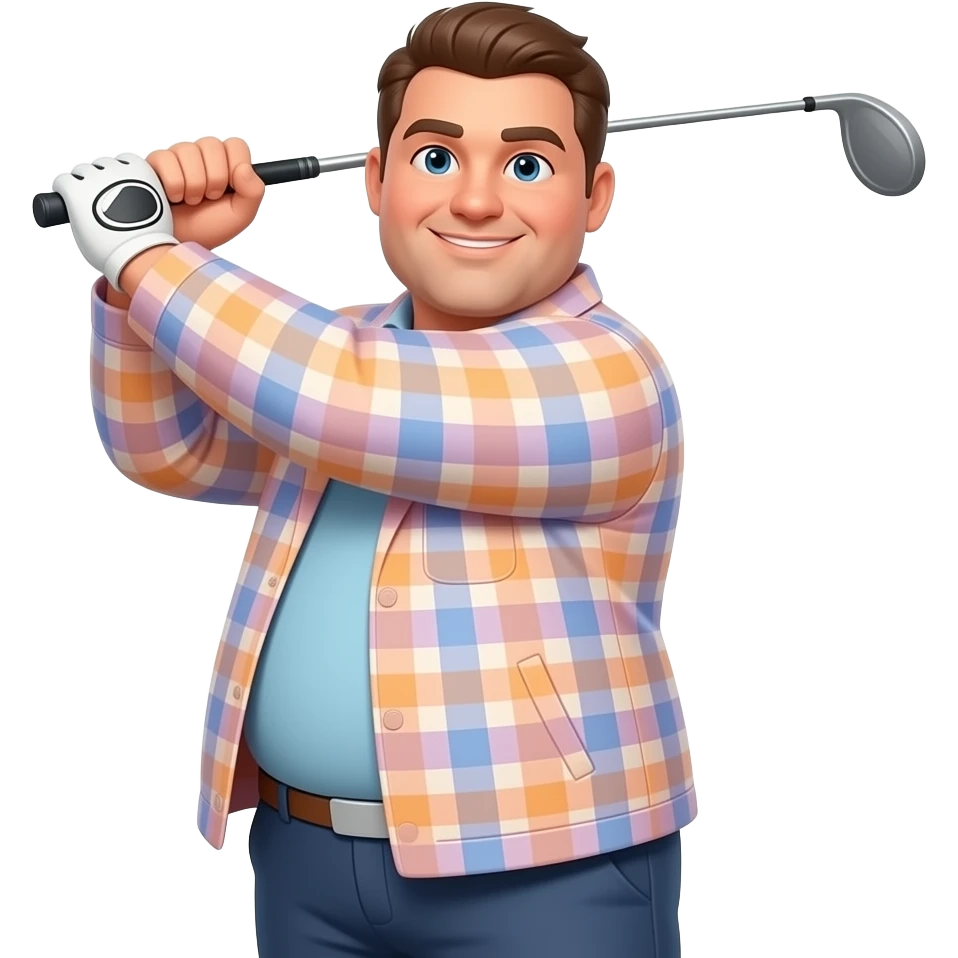 picture of a man making a golf swing while wearing a plaid sports coat. The sports coat colours should be light orange, pink and blue pastel colored. the man should also be a little heavier emoji