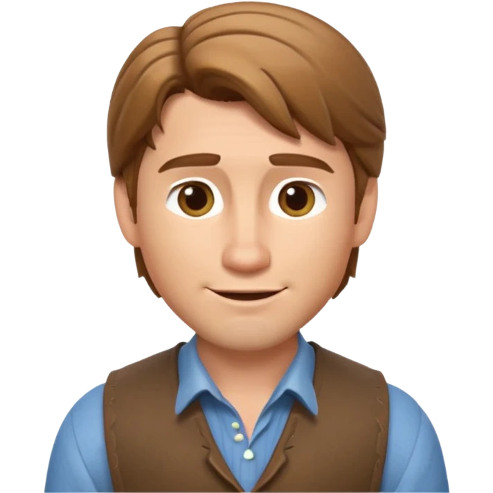 3D Apple-style emoji of Flynn Rider: fair skin, light brown hair, raised eyebrow, charming smile, playful confident look. emoji