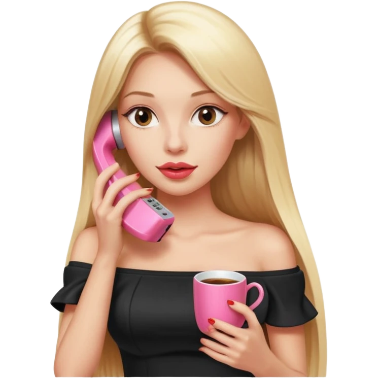 exaggerated features of woman with straight long blond hair, gossiping on a pink analogue phone, holding a tea cup, wearing an off-shoulder black top, red face emoji