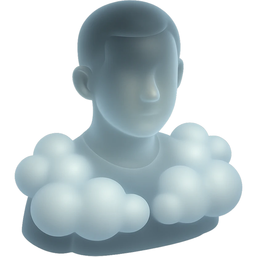 person looking straight ahead, shoulders filled with puffy white fluffy clouds, matte glass style emoji