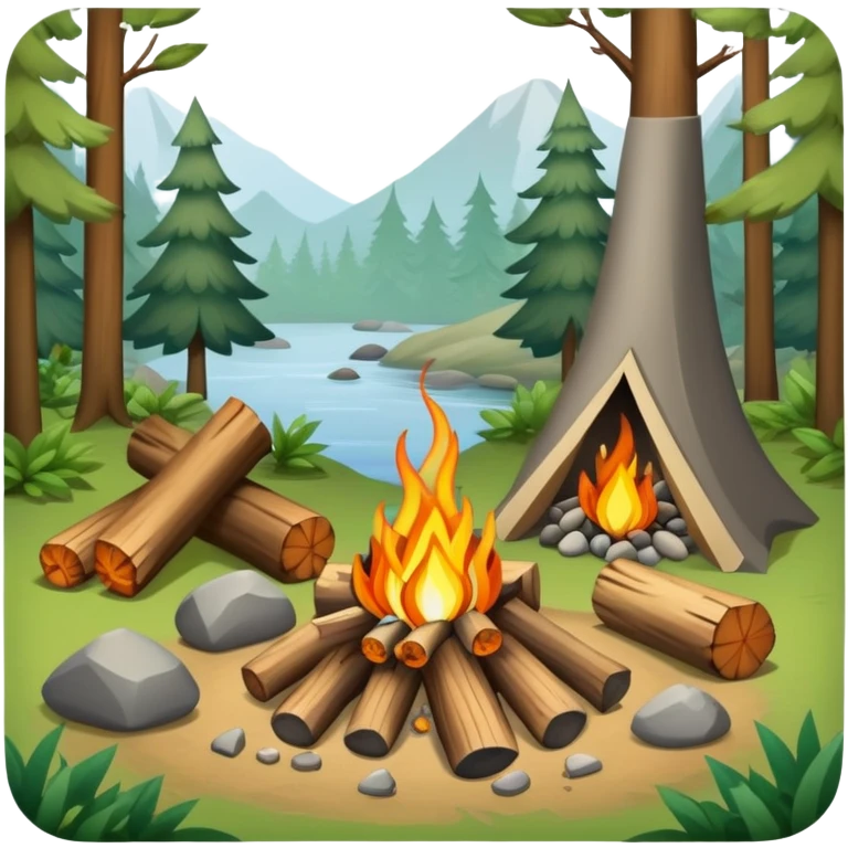bushcraft campfire with stones, logs for sitting, in forest setting emoji