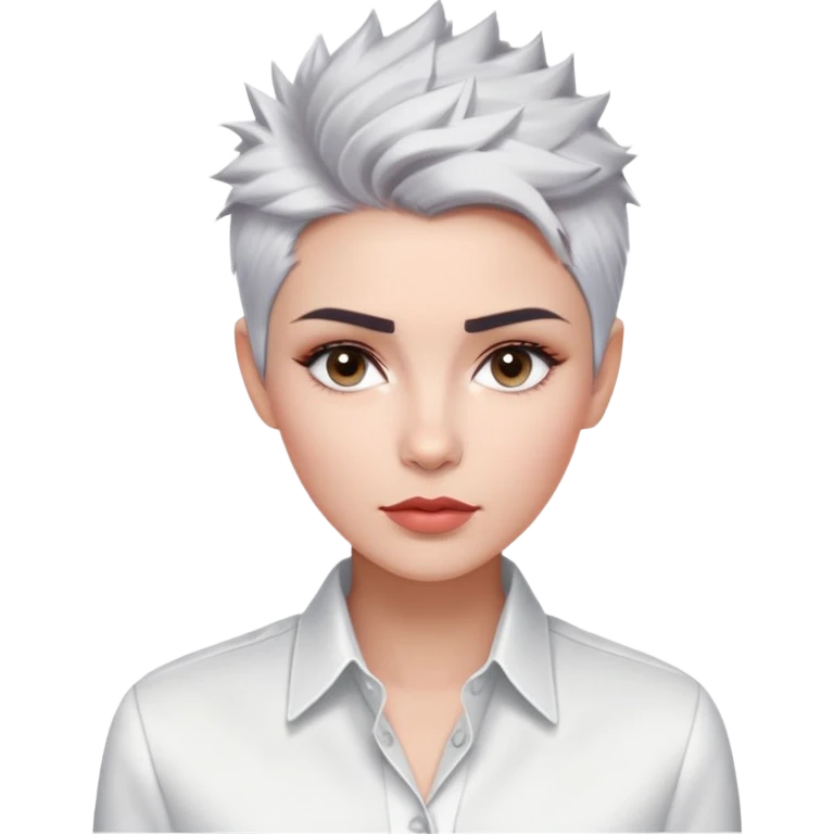 Marian Pabón with elegant facial features, light rosy complexion, expressive eyes, medium well-defined lips, sophisticated pronounced cheekbones, short spiky silver hair styled like a men's cut, dressed in a crisp white button-up shirt emoji
