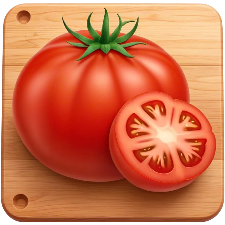 Cinematic juicy ripe tomatoe, deep red, slightly dewy, arranged on a wooden cutting board, soft glowing background, rich and flavorful. emoji
