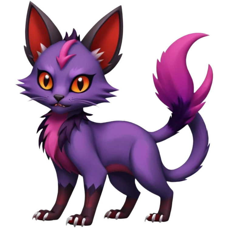 Black edgy Noivern-Noibat-Purloin-Torracat-Lykoi-Caracal-cat-Fakemon-fusion-hybrid-creature with violet and red scale markings emoji