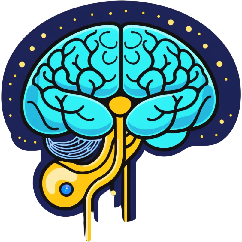 Cute sticker of a pearly blue capsule floating before a stylized brain with golden sparks forming a neural network pattern. A small liver icon glows nearby, all within a gentle swirling aura representing mental clarity and body connection emoji
