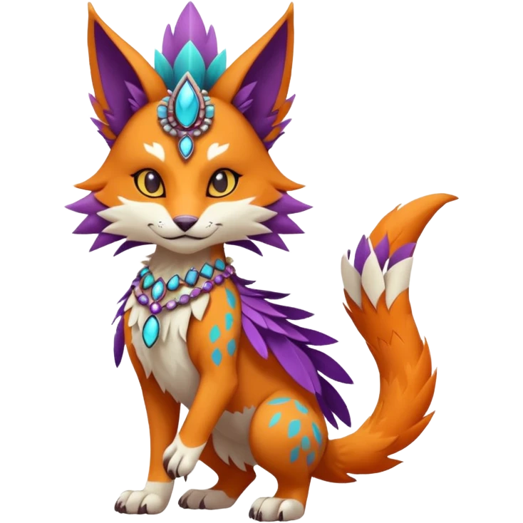 Kawaii cute orange purple turquoise exotic tribal beautiful pretty elegant divine edgy feline-vernid-sergal-Fakémon-Pokémon-Digimon-fursona-animal-creature with bracelet, necklace, full body, with intricate detailed markings, feather headdress  emoji