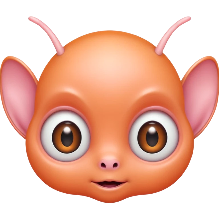 Portrait of a cute alien with round head, big shiny eyes, pastel orange skin, small antennae, friendly expression, cartoon style emoji