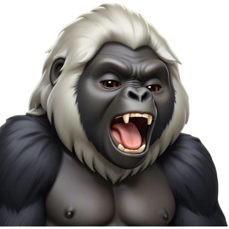 Cinematic Cute Yawning mountain Gorilla Portrait Emoji, Head tilted slightly with a dramatic, wide-open yawn, showcasing a formidable build with a silvery mane and drowsy, half-closed eyes, Simplified yet irresistibly adorable features, highly detailed, glowing with a soft, cozy jungle glow, high shine, relaxed yet expressive, stylized with a dash of whimsical primate charm, soft glowing outline, capturing the essence of a drowsy yet affectionate guardian that appears ready to stretch out for a nap! emoji
