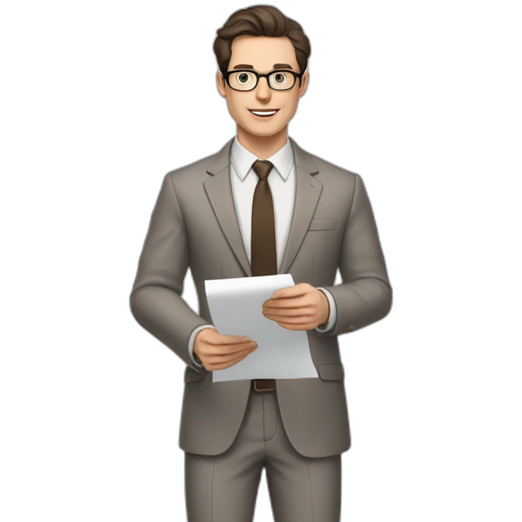 Pale skinned fit man with dark brown hair in gray jacket, beige office shirt, brown tie, brown pants and vintage glasses Writing text on the flipchart emoji