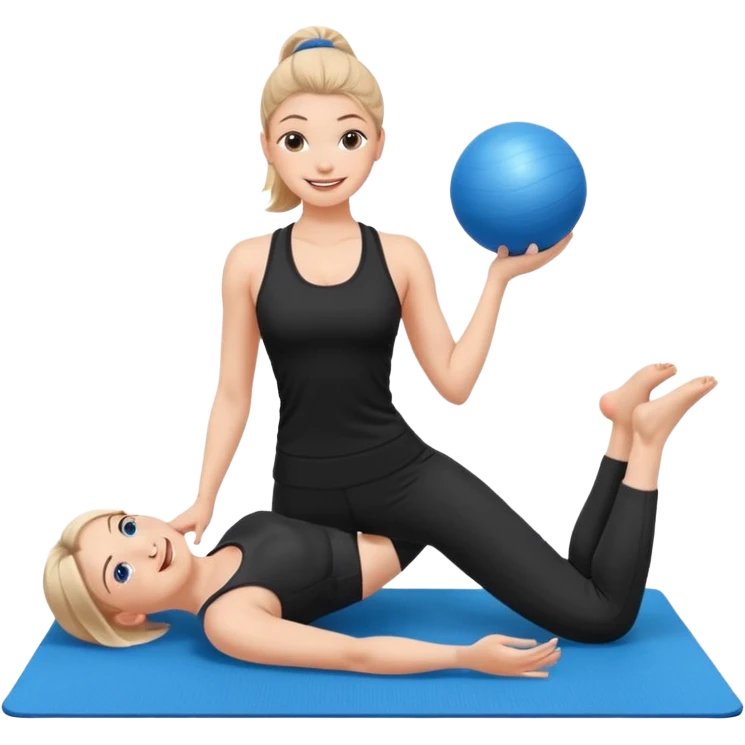 generate a pretty woman in black gym clothes doing pilates on a blue mat with a small blue ball emoji