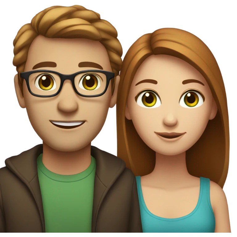 Caucasian couple. Man with glasses, has short, brownish-red hair and blue eyes. Woman does not have glasses, has long, brown hair and green eyes  emoji