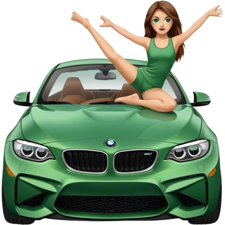 Beautiful Caucasian girl realistic with green eyes and long brown hair legs straddling splits on the hood of BMW M2 car emoji