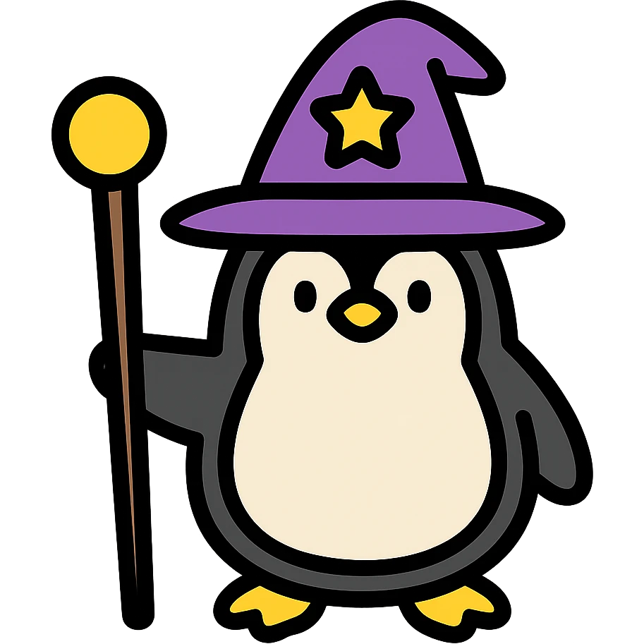 penguin wizard, magical, holding a staff, wearing a wizard hat emoji
