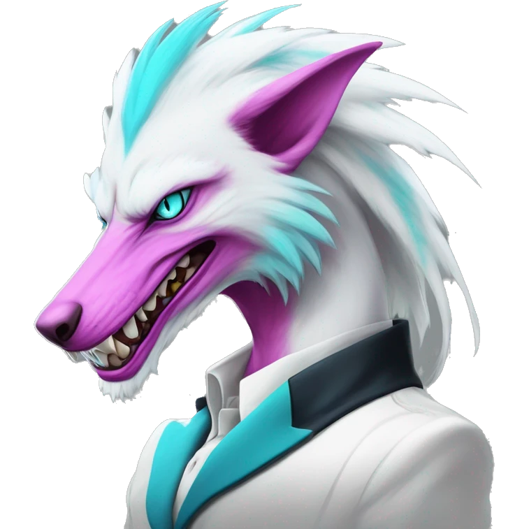 White elegant beautiful natural cute badass epic anthro modern albino sergal-vernid-Fakémon with cyan mane and magenta eyes with cyan edgy stripes, anthropomorphic, two-legged, digitigrade, full body emoji